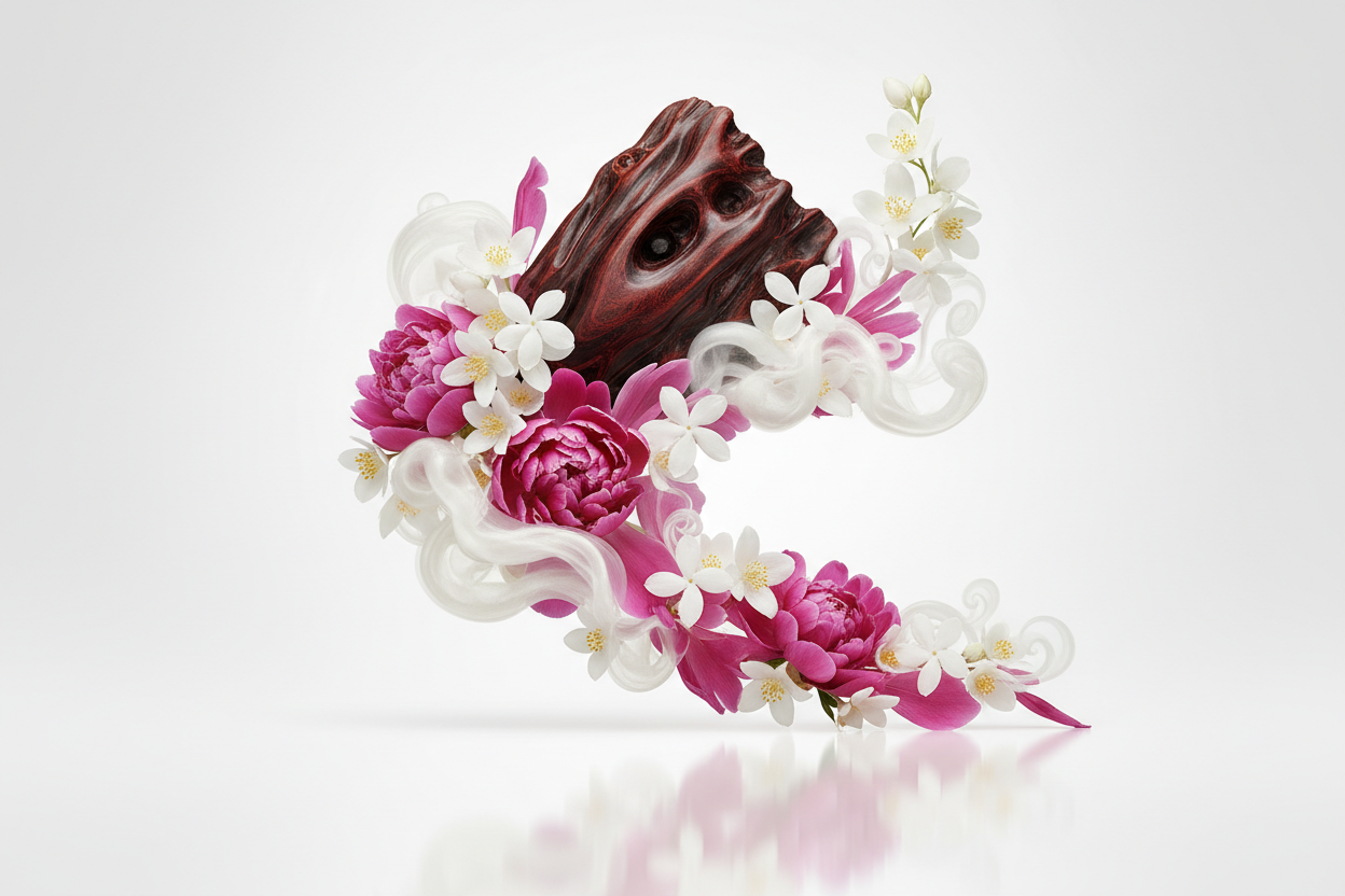 Give ingredient image - The touch of oud at the top screams luxury, while the fragrance courses into a trio of the luscious peony, jasmine and a pure white musk that is the standard for elegance